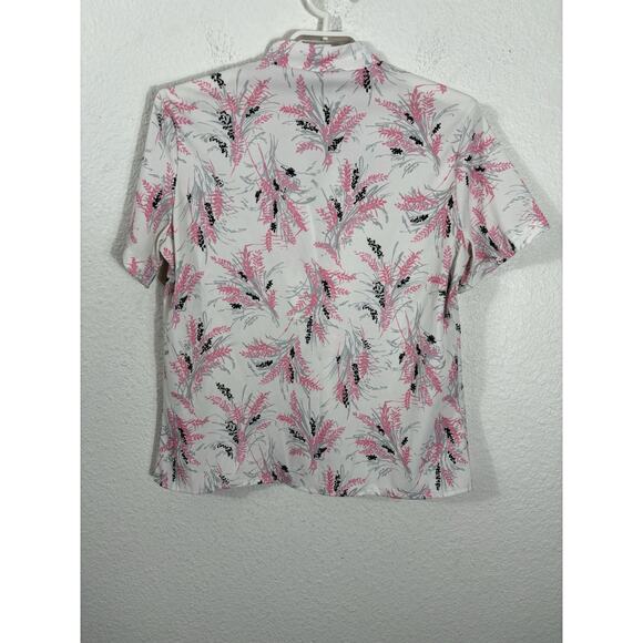 Vintage 80s Top Size M Pink Floral Short Sleeve Polyester Button Up - Picture 9 of 10